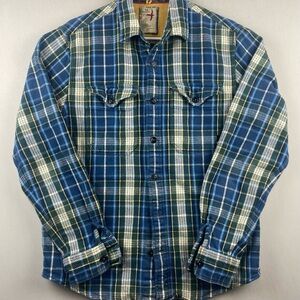 Relwen Shirt Men’s Medium Blue Green Plaid Tartan Brushed Flannel Blanket Cotton